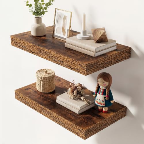 Image of Dreamland 16 Inches Floating Shelves for Wall,9.3 inch Deep Long Floating Shelves Set of 2,Large Display & Storage Shelf,Wall Shelf for Bathroom Bedroom Living Room Kitchen Office,Rustic Brown