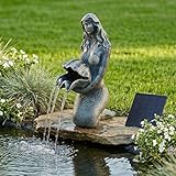 Wasserspeier Solar mit Pumpe – Teichfigur Meerjungfrau mit Solarpumpe & Wasserspiel – Gartendeko aus Polyresin in Bronze-Optik – Solarbrunnen für Gartenteich & Wasserlauf 27×14×13 cm