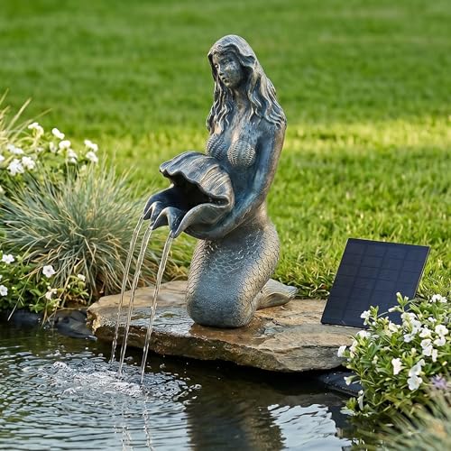 Wasserspeier Solar mit Pumpe Teichfigur Meerjungfrau mit Solarpumpe & Wasserspiel Gartendeko aus Polyresin in Bronze-Optik Solarbrunnen für Gartenteich & Wasserlauf 27×14×13 cm