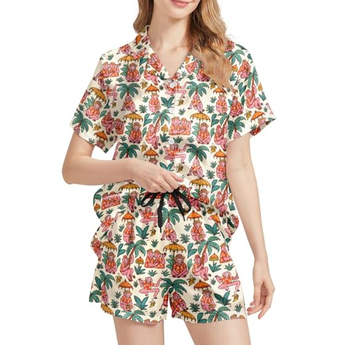 Image of Silk Satin Pajama Set for Women Summer Lounge Pjs Sets 2 Piece Suit Ladies Button Down Tops And Shorts Sleepwear
