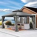 Domi 10x12FT Outdoor Gazebo, Hardtop Gazebo with Galvanized Steel Double Roof, Metal Gazebos with Drainage System Patio Pergola for Patio Deck Backyard,Curtain and Netting,Gray
