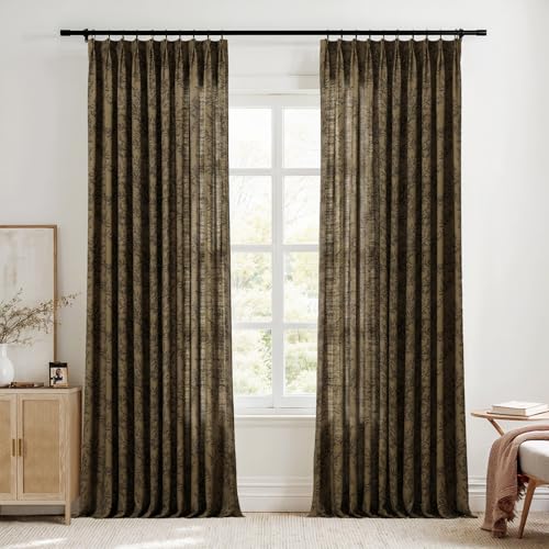 TWOPAGES Pinch Pleat Floral Curtain 90 Inch Long Light Filtering Privacy Drape Linen Textured Printed Curtain for Kitchen Bathroom (Bronze