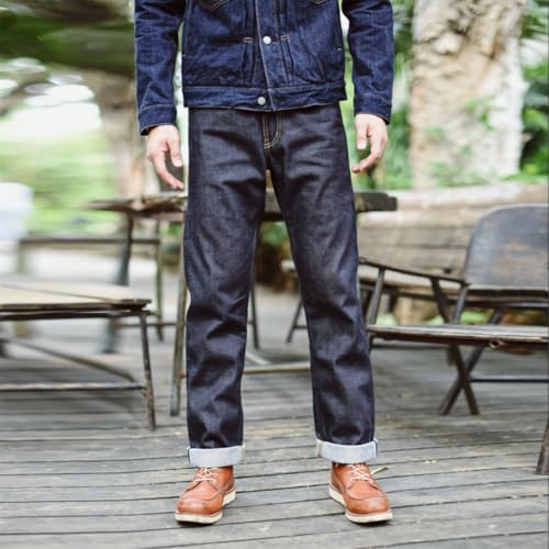 Men’S Casual Straight Fit Selvedge Raw Denim Full Length Jeans Zipper Fly Midweight Daily Wear Trousers2