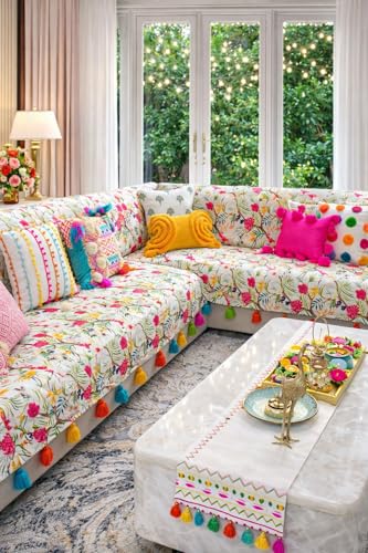 Image of Neutral Tropical Floral Sofa Cover Tassels: Thick Fabric L-Shape Sofa Cover, Washable: Seat & Front Back Protection -Set of 3 Seat Covers & Single Back Cover- L Shape (2 Seater + Lounger + Ottoman)
