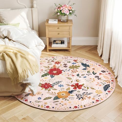 Tapete redondo beige 5 pies floral antideslizante lavable miniatura 2