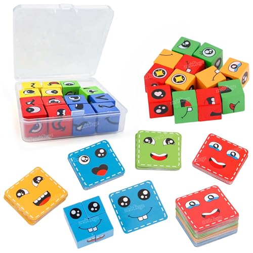 Image of Zest 4 Toyz 64 Pcs Wooden Emoji Face Changing Cube Puzzle Game for Kids Cards Game Face Changing Blocks Game Expression Matching Blocks for Kids Educational Learning Toy (Multicolor) - Age 3+