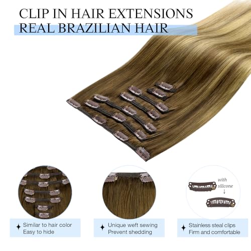Image of DOORES Remy Human Hair Extensions Clip in, Medium Brown Highlighted Dirty Blonde 16 Inch 7pcs 120g, Clip in Hair Extensions Real Natural Hair Extensions Straight Thick