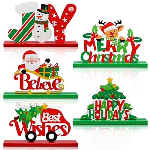 5PCS Christmas Table Decorations, Wooden Christmas Decorations, Seasonal Holiday Centerpieces, Winter Tabletop Display for Holiday Celebration, Xmas Home Decor