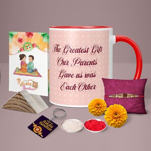 Image of NH10 Designs Raksha Bandhan Gifts Printed Mug with Keychain Best Rakhi Combo Gift for Brother & Sister Rakshabandhan Return Gifts for Sister White 350ml Coffee Mug(Pack of 5)(Combo Set)(RMCKRCG407)