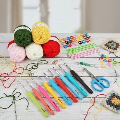 Image of Dodhar Crochet Kit for Beginners with Yarn - Complete Learn to Crochet Starter Kit for Kids Ages 8-12, Ergonomic Soft Grip Hooks, Accessories & Blue Flower Storage Bag (Color Hook kiT1)