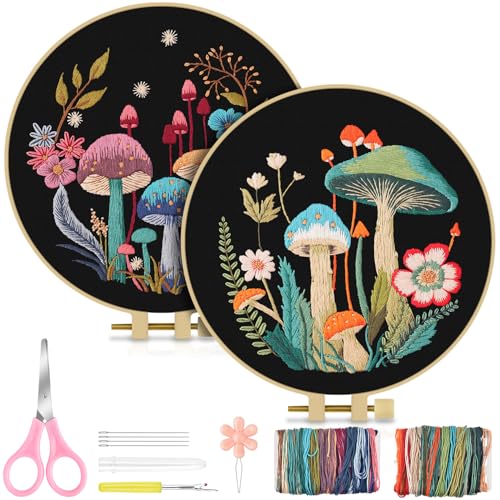 Image of TINDTOP 2 Pack Embroidery Kit for Adult, Embroidery DIY Starter Kit | with Mushroom Stamped Patterns, Hoop, Tools, Colorful Threads with Needles, Instructions