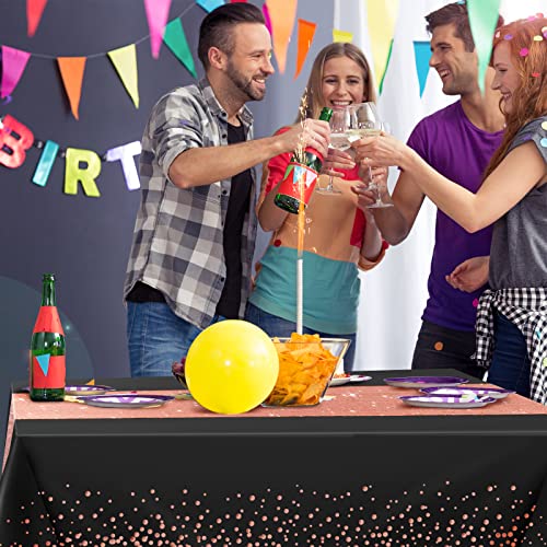 Haobaobei Tablecloth And Sequin Table Runner Set, Black And Rose Gold Party Decorations Plastic Table Cloths Rectangle Glitter Table Cover For Indoor Outdoor Birthday Parties Supplies (54X108 Inch) #TOP5