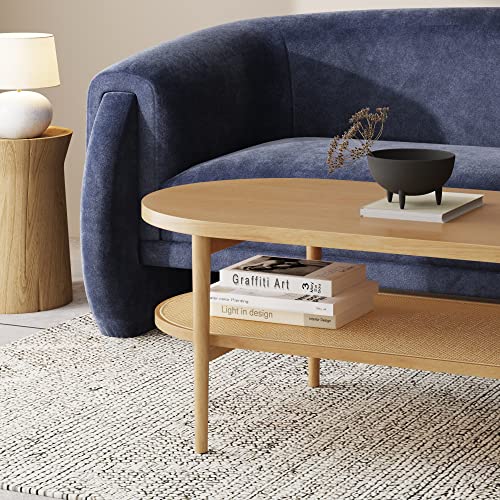 Image of Nathan James Sonia Coffee Table with Storage Shelf, Light Wood /Rattan