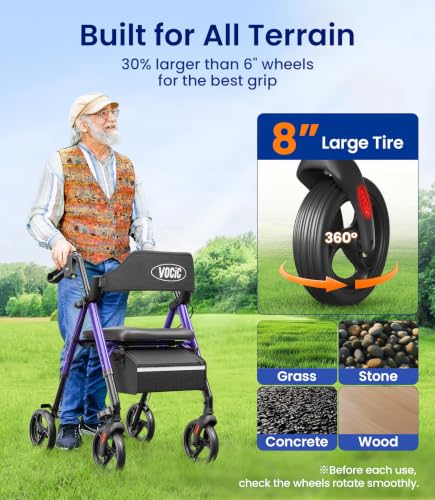 Image of VOCIC Z21 Rollator Walker for Seniors with Seat, 8 inch All Terrain, 350 LBS | Lightweight Foldable & Dual Height Adjustable for Seniors, Ergonomic Arc Seat&6 inch Ultra Backrest Provide Comfort, Purple