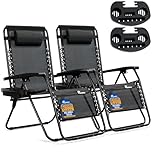 SUNMER XXL Sun Lounger Garden Chairs - Extra Wide Set of 2 Zero Gravity Chairs with Cup & Phone Holder, Adjustable Headrest & Pillow - Folding Deck Recliner Outdoor Seating - Black