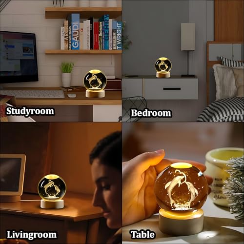 Image of 3D Crystal Ball Night Light with Wooden Base, Aesthetic Clear LED Lamp for Home and Bedroom Touch Switch, Warm Light for Kids and Teens Perfect Birthday & Anniversary (Dolphin Lamp)