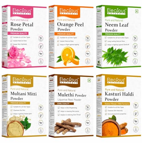 Elecious Complete Skin Care Kit Combo: 6 Natural Face Pack Powders (Mulethi, Multani Mitti, Kasturi Haldi, Orange Peel, Neem, Rose Petal)