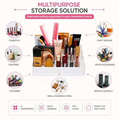 Image of Lazer Plastic Makeup Organizer for Vanity & Bathroom | 16 Compartment Cosmetic Storage Box for Lipsticks, Brushes, Makeup, Skincare & Desk Accessories | White
