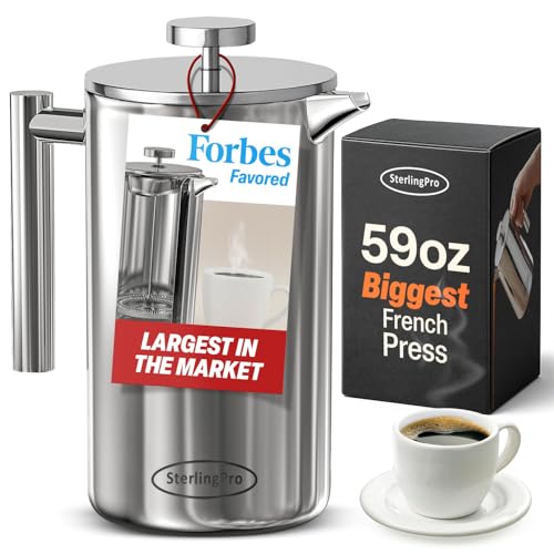 Stainless Steel French Press Coffee Maker 1.75 L  Mirror – Double Walled Insulated Extra Large French Press, Durable Des - Detailed View