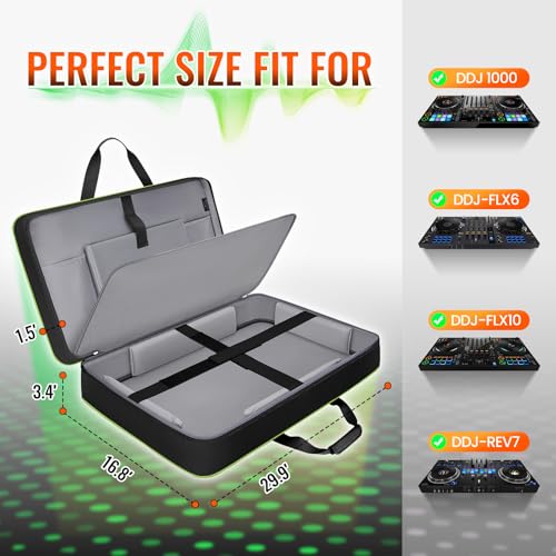 Image of SNIGJAT DJ Controller Case for DDJ-FLX10 / DDJ-GRV6 / REV5 / REV7 / FLX6 / 1000, Padded Large DJ Controller Bag with 12 Pockets for Laptop, Cables, Accessories, DJ Carrying Case with Shoulder Strap, Green