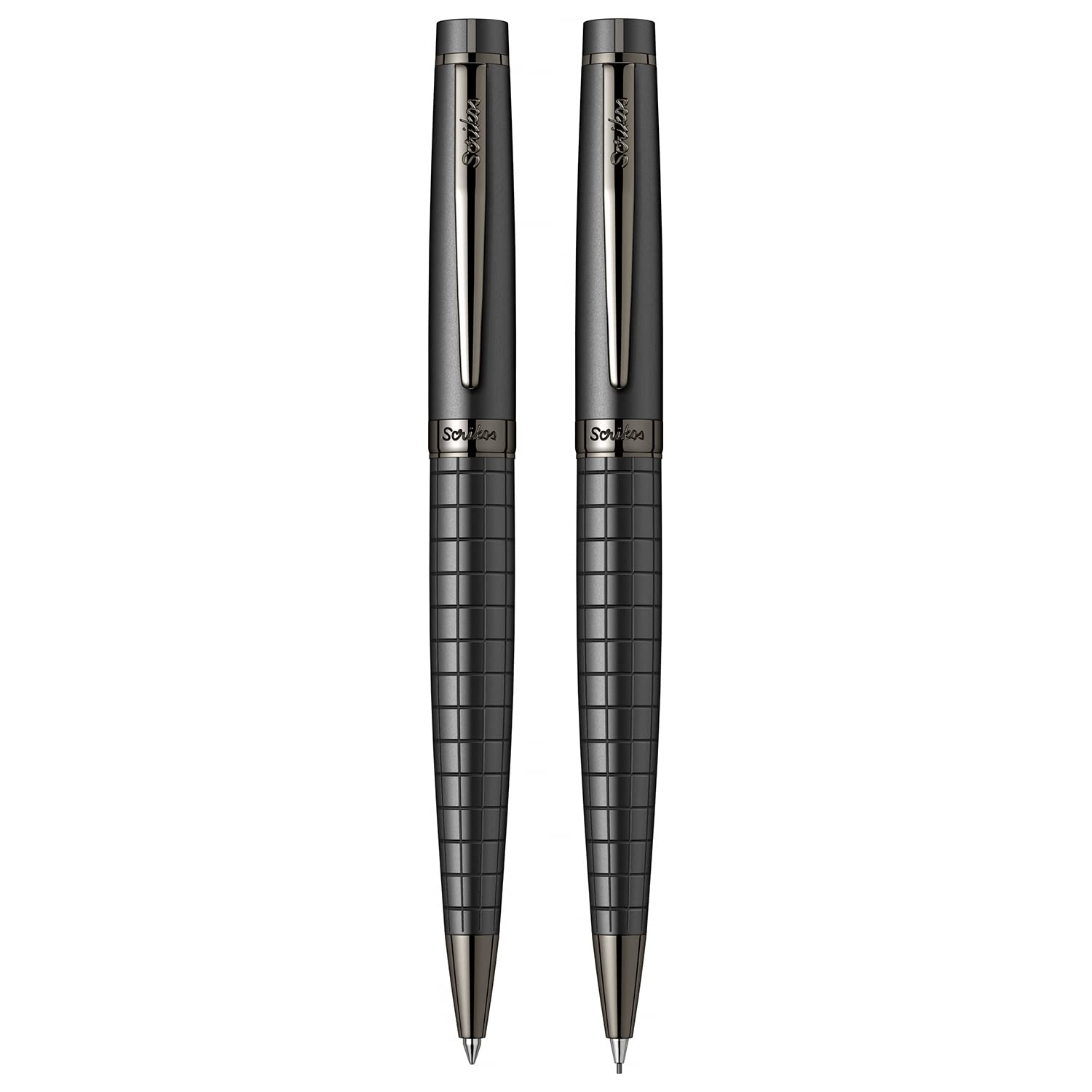 Scrikss Honor długopis kulkowy i ołówek mechaniczny 0,7 mm, wzór w kratkę, czarny mosiężny korpus, klips ze stali nierdzewnej, stop metalu