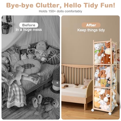 Image of Stuffed Animal Storage, Wood Stuffed Animal Zoo Storage with Brake Wheels, Space Save Toy Organizer, Large Capacity Stuffed Animal Holder, Perfect for Nursery Playroom Kidroom Bedroom