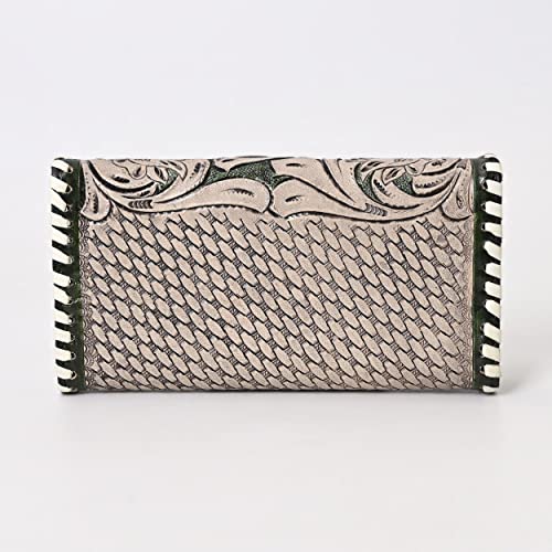 Floral Embossed Leather Clutch – Western Style Handmade Wallet for Women – Vintage Tooled Design with Snap Closure – Compact Purse for Cards & Cash (Green & Tan)3