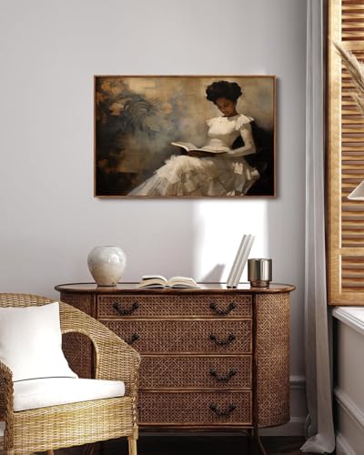 Image of KISSFOX Vintage Framed Wall Art Decor Victorian African American Pictures Paintings Wall Decor Moody Black Girl Reading A Book Canvas Art Prints Modern Farmhouse Black Woman Artwork For Kitchen