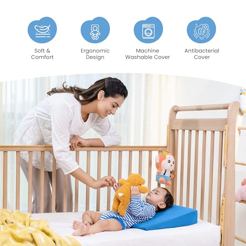 Image of Cherilo Half Size Elevated Wedge Pillow for Baby Crib & Mattress, Helps to Elevate Baby for Acid Reflux, Colic, GERD, Heat Burn & Vomiting - 19 inch x 13.5 inch x 3.5 inch - With Removable Velvet Cover - Sky Blue