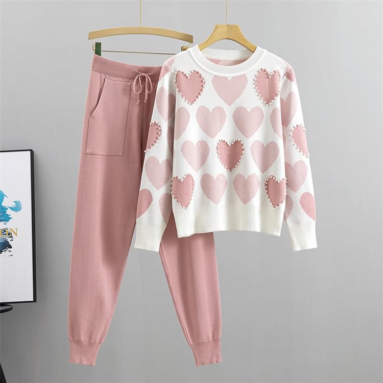 Conjuntos 2 Piezas para Mujer para Salir, Suéter Punto con Corazón Y Cuentas De Cuello Redondo Rosa, Pantalones Jogging Elásticos con Bolsillos, Conjuntos De Ropa Deportiva Informal O