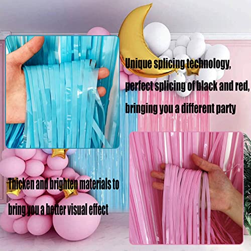 Image of 4 Pack Macaron Pink Blue Foil Fringe Curtain Backdrop, 3.28Ft x 8.2Ft Metallic Tinsel Foil Fringe Streamers for Photo Booth, Wedding Gender Reveal Backdrop Boy or Girl Birthday Party Decoration