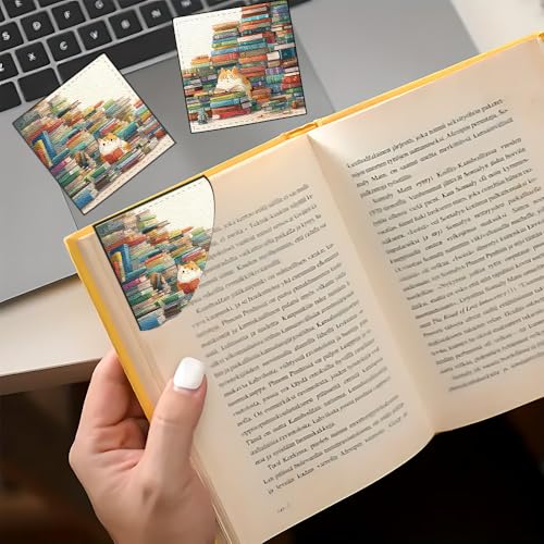 Image of Set of 2 Cute Cat Reading Bookmarks 3.54x3.54in Leather Square Book Markers Colorful Bookshelf Kitten Gift for Women Book Lovers Spring