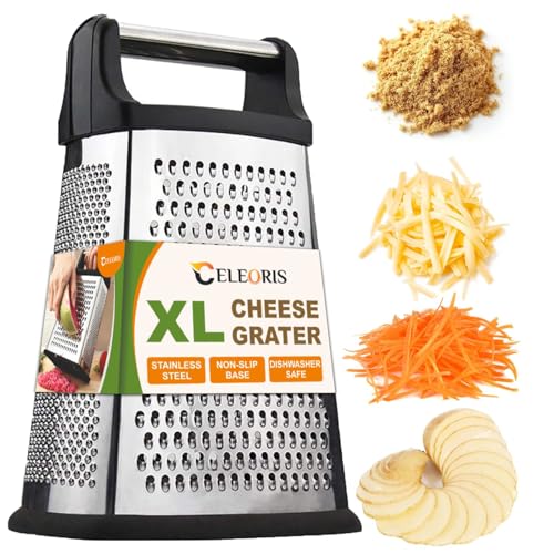 Image of Professional Cheese Grater - Stainless Steel, XL Size, 4 Sides - Perfect Box Grater for Parmesan Cheese, Vegetables, Ginger - Dishwasher Safe (Black)