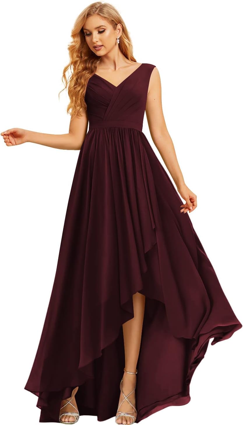 Maxi High Low Long Bridesmaid Dresses Chiffon Ruched Empire Waist Summer Spaghetti Strap Slit Flowy Evening Gowns