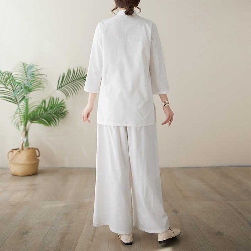 Women Solid Color Two Piece Set Stand Collar Top Elastic Waist Pants Casual Outfit