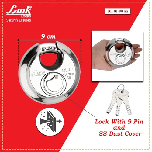 Image of Link Hi-Tech 90mm Round Padlock | Stainless Steel Body | Hardened Shackle | 3 Silver Keys with Hi-Tech Nickle | | Made in India, Pack of 2