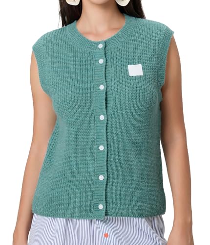 Image of Women Chunky Button Sweater Vest Sleeveless Round Neck Rib Knitted Tank Top Y2k Knitted Cardigan Vest Shirt