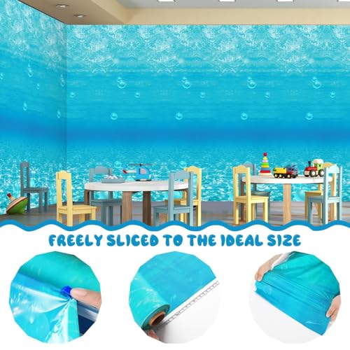 Image of 1 Roll 1200 X 54 Inch Under The Ocean Tablecloth Slide Cutter Box Disposable Backdrop Mermaid Table Cover Sea Waves Bulletin Board Plastic for Water Beach Theme Birthday Party babyshower Decor
