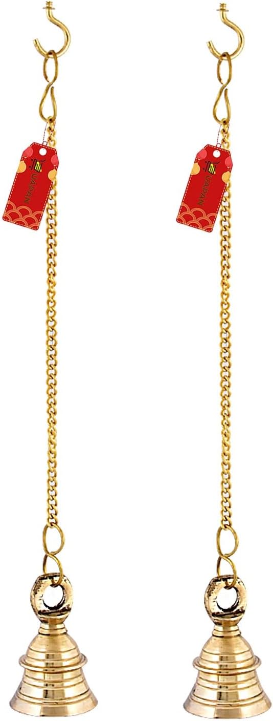 Brass Gold Wall Hanging Bell with Chain and Hanging Hook for Home Mandir Temple Decorative I Puja Room (Pack of 2 Nos) (2.5 inch)