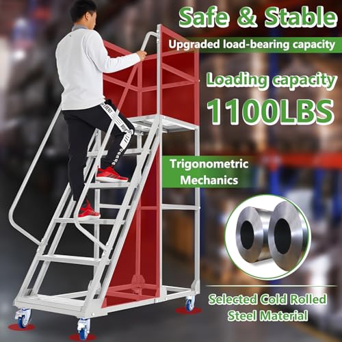 Image of 6 Steps Rolling Ladder, Mobile Platform Ladders with Handrails, Industrial & Warehouse Non-Slip Stair Ladder, Heavy Duty Step Ladders for Home Library Outdoor, 1100lbs Capacity
