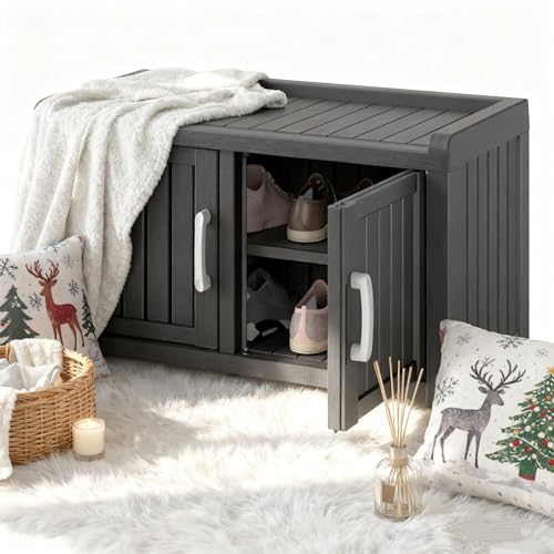 NBYSGO 2-Tier Storage Bench Waterproof UV-Resistant Outdoor Shoe Storage Cabinet with 2 Doors & Adjustable Shelves for Indoor Outdoor Entryway Hallway Living Room (Midnight Black)