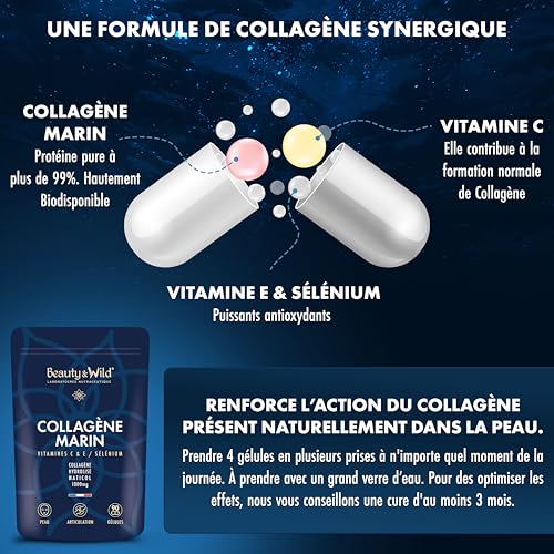 Collagène Marin, complément alimentaire de peptides de collagène Marin + Vitamine C + Vitamine E + Sélénium, Naticol type 1 et 3, 2000Da, haute absorption, Made in France, 90 gélules – Image 3