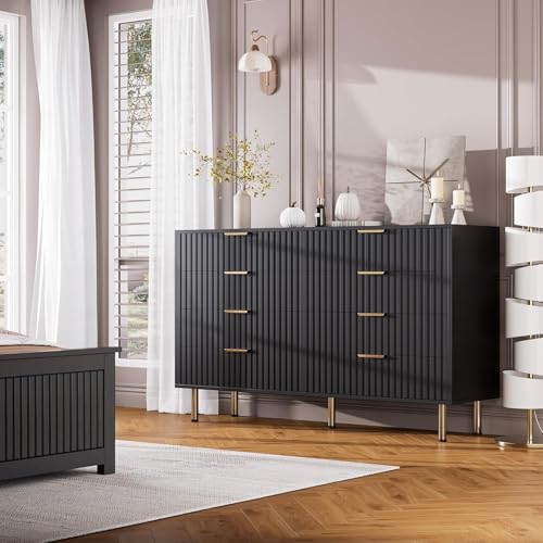 8 Drawer Dresser for Bedroom, Fluted 55" Wide Modern Chest of Drawers with Deep Drawers, Wooden Dresser Organizer for Living Room, Hallway, Kids Room, Black