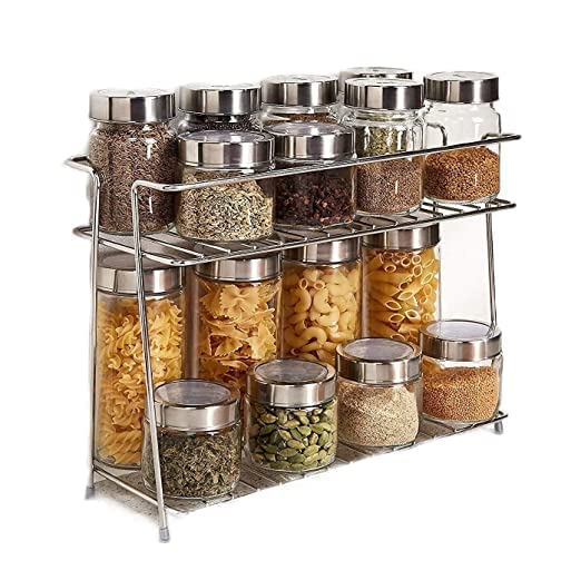 12FOR COLLECTIONStainless Steel Spice 2Tier Trolley Container Kitchen Organizer for Boxes Utensils Dishes Plates for Home (multipurpose Kitchen storage Shelf shelves holder Stand, Tiered Shelf