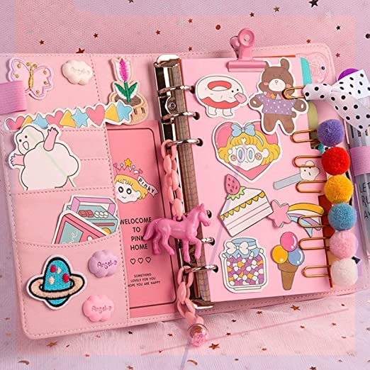 CLINES NUJOOM DIY Personalize Notebook,Pocket Planner Girls Diary Cute Notepads Stationery Notebooks with Fun Stickers,Embellishments,Loose-leaf papers,Paper Clips etc.for School/Office Supplies(Pink)