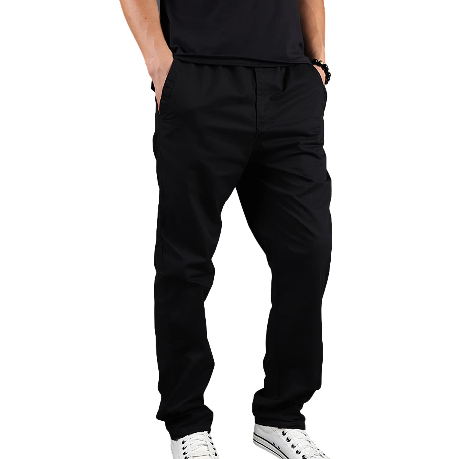 Hombre Cintura Elástica Pantalones Chinos Casual de Pata Ancha Pantalones de Trabajo de Algodón con 4 Bolsillos