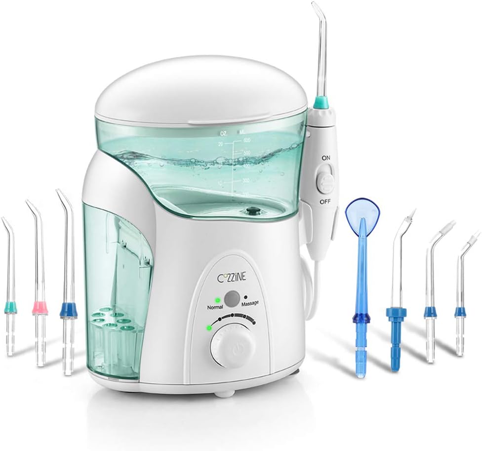 Water Flosser for Teeth, Cozzine Professional Family Dental Flosser Oral Irrigator with 2 Modes, 7 Jet Multifunctional Tips, 10 Adjustable Pressure Setting and 600ml Reservoir, FDA Approved