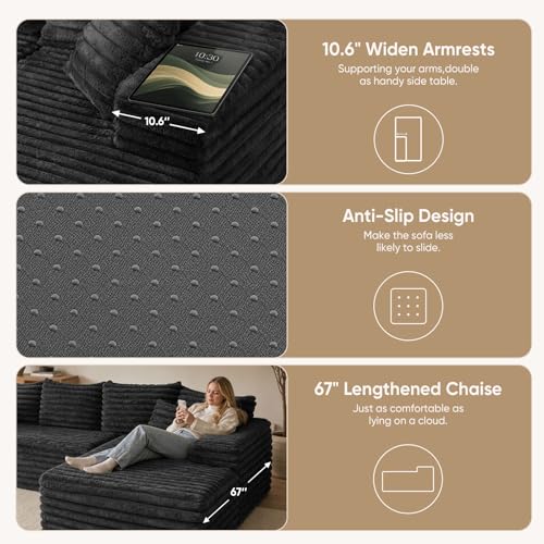 Image of 2 inch Corduroy Boneless Couches for Living Room, L Shape Sofa with Chaise | 102.4 inch Modular Sectional Sofa, Cloud Couch Sectional with Deep Seat, No Assembly, Black, Right Chaise