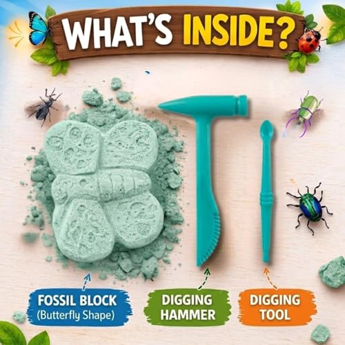 Image of Apex Bug Fossil Dig Kit for Kids 5+ | Butterfly Fossil Excavation Toy with Hammer & Chisel | STEM Archaeology Discovery Learning Kit | Educational Science Gift