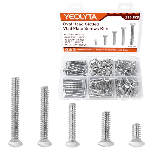 130PCS Wall Plate Screws 6-32 Thread White Outlet Cover Screws Oval Head Slotted Light Electrical Cover Panel Switch Plate Screws 5 Length 3/8 9/16 3/4 1 1-3/16 Long